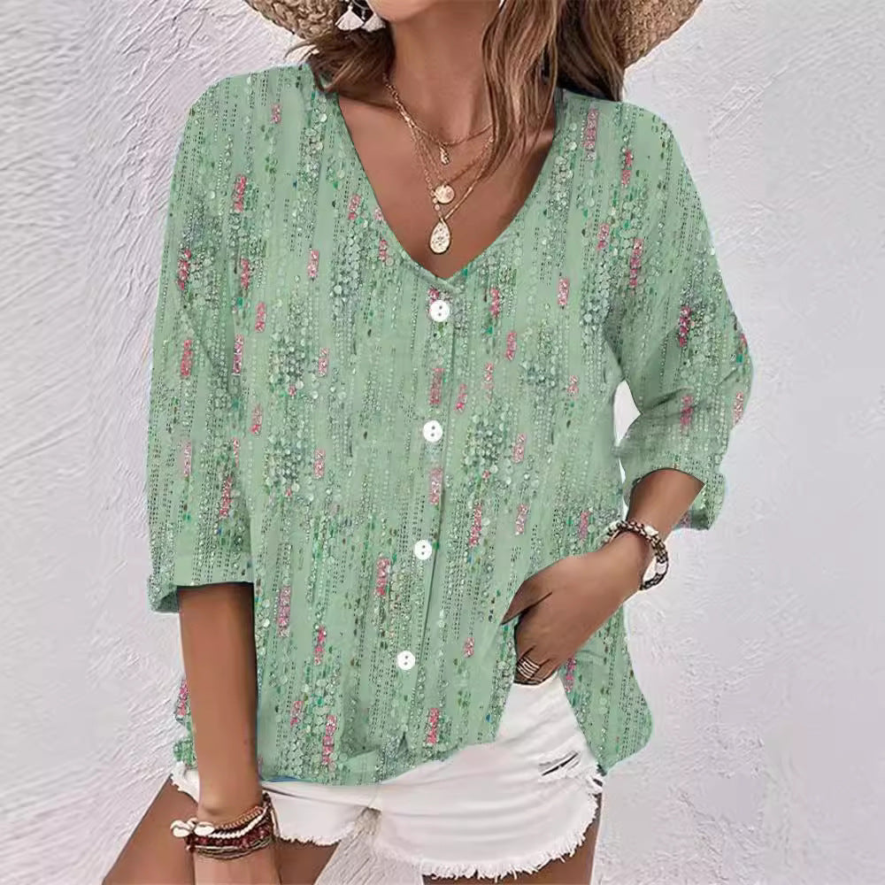 Casual Women's Buttons Printed Long Sleeve Lace Shirt, Chiffon Shirt