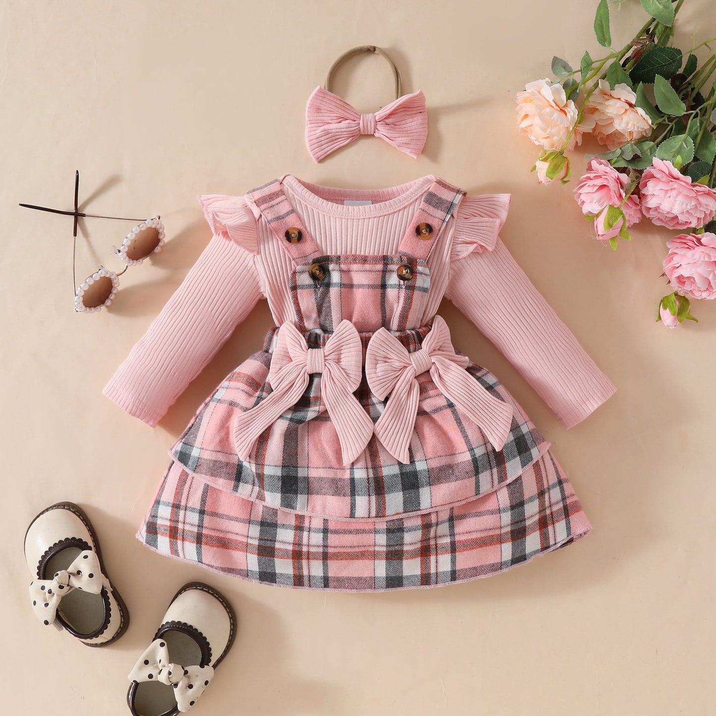 Stripe Long-sleeved Shirt Plaid Dress Hair Band Three-piece Children's Suit