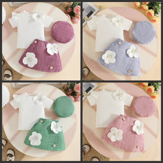 Summer Short Sleeve Skirt Beret Sunken Stripe Short-sleeved Children's Suit