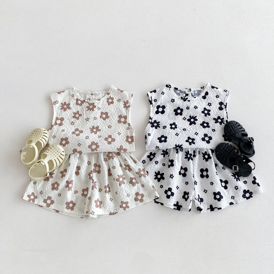 Western Flower Print Thin Shorts Short Sleeve Children's Suit