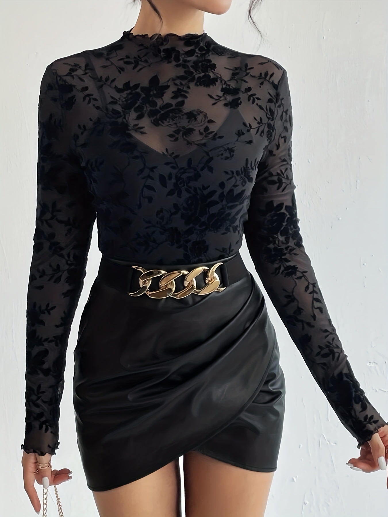 Women's Lady Sexy Hot Mesh Jacquard Stand Collar Long Sleeve Slim Lace Shirt, Chiffon Shirt