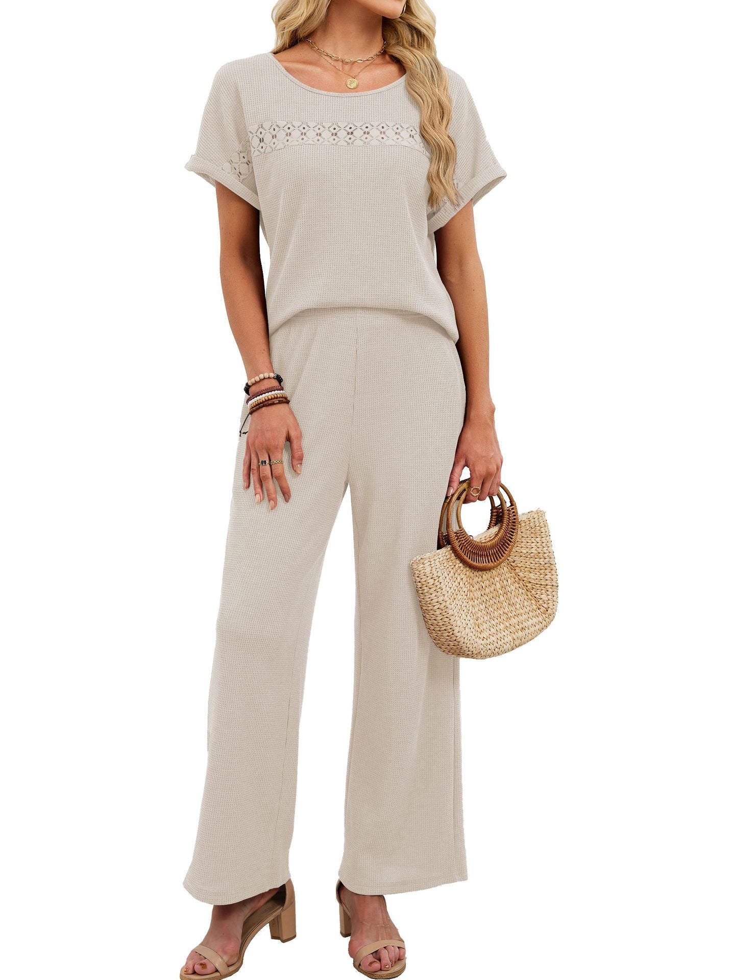 Women's Solid Color Round Neck Lace Ruffled Sleeves Fashion Casual Suit