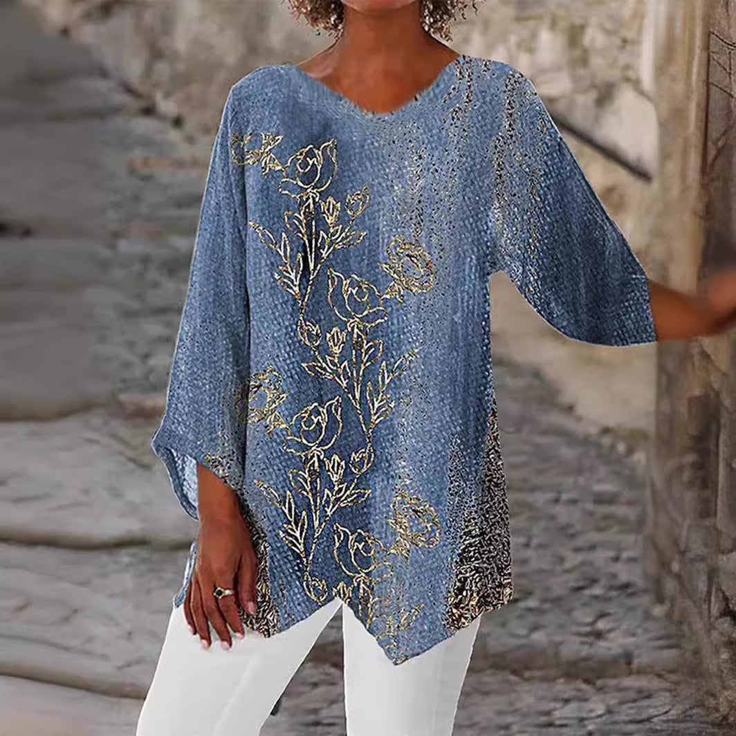 Women's Leisure Loose Irregular Printed Long Sleeve Tops