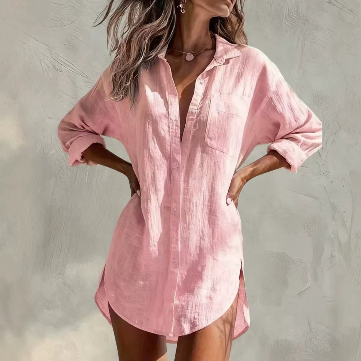 Women's Casual Outerwear Mid-length Lapel Loose Solid Blouse