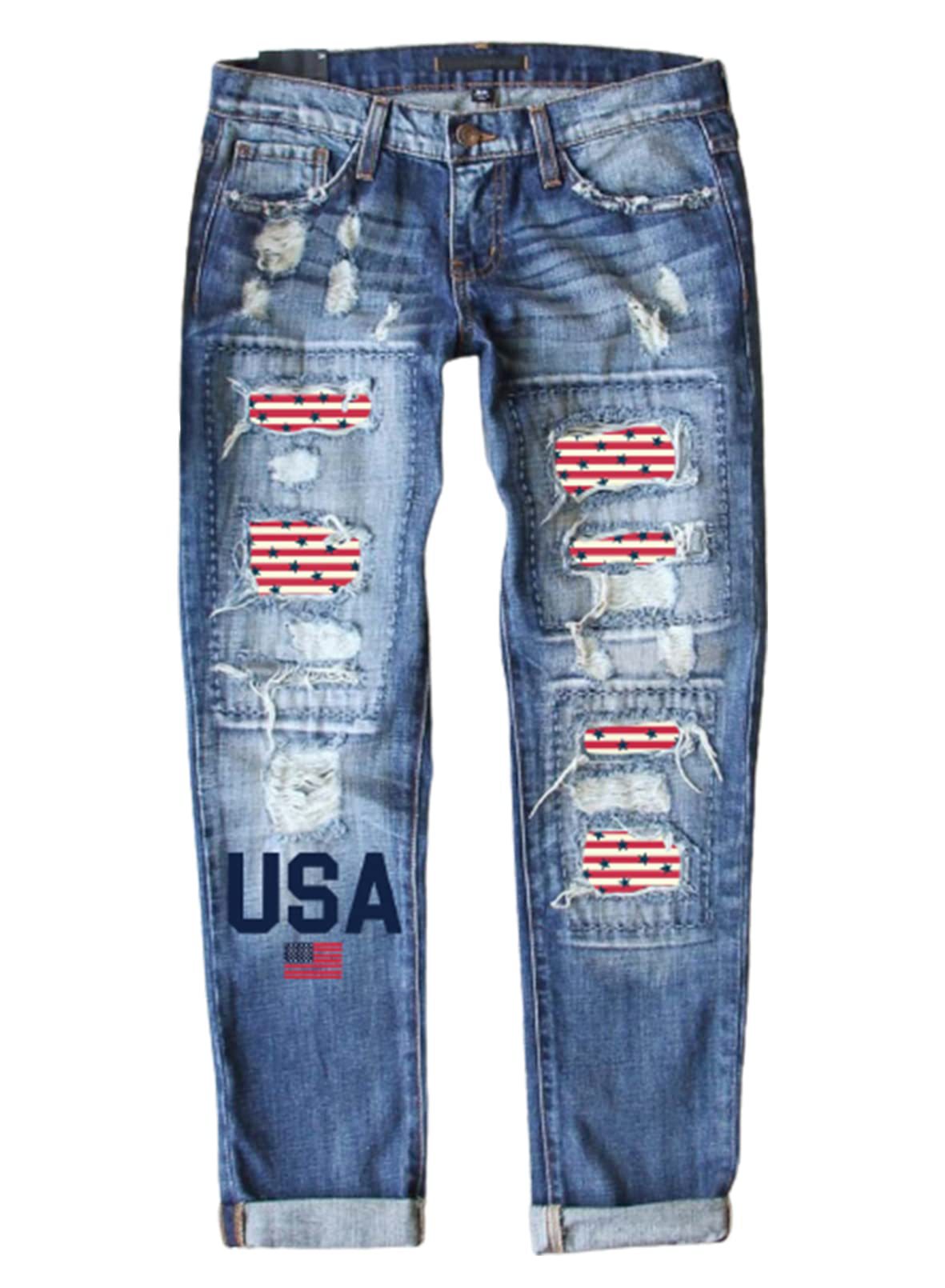 Women's Fashion Holes Printed Patch Straight Jeans