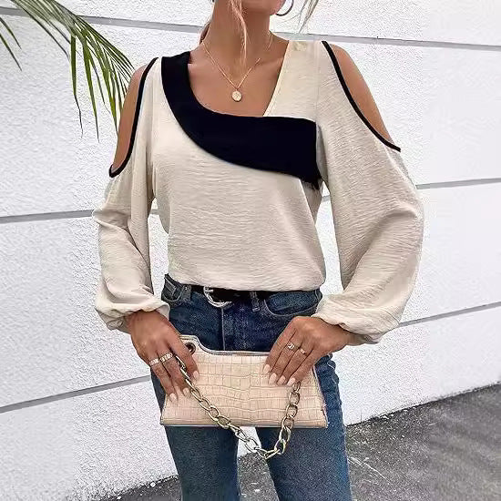 Women's Pullover Diagonal Collar Long Sleeve Loose Blouse