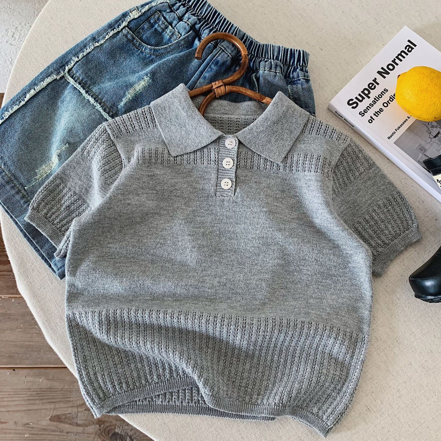 Children's Knitting Short Sleeve Shirt Summer Polo Collar Solid Color Thin Children's T-shirt