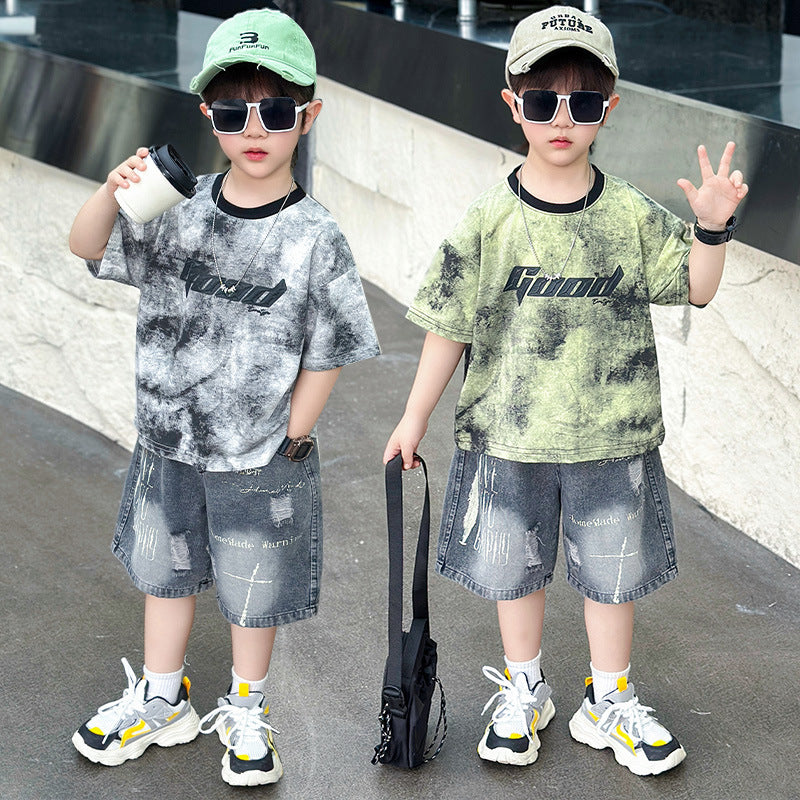 Children's Boy Summer Clothing Short-sleeved Thin Letter T-shirt Two-piece Children's Suit