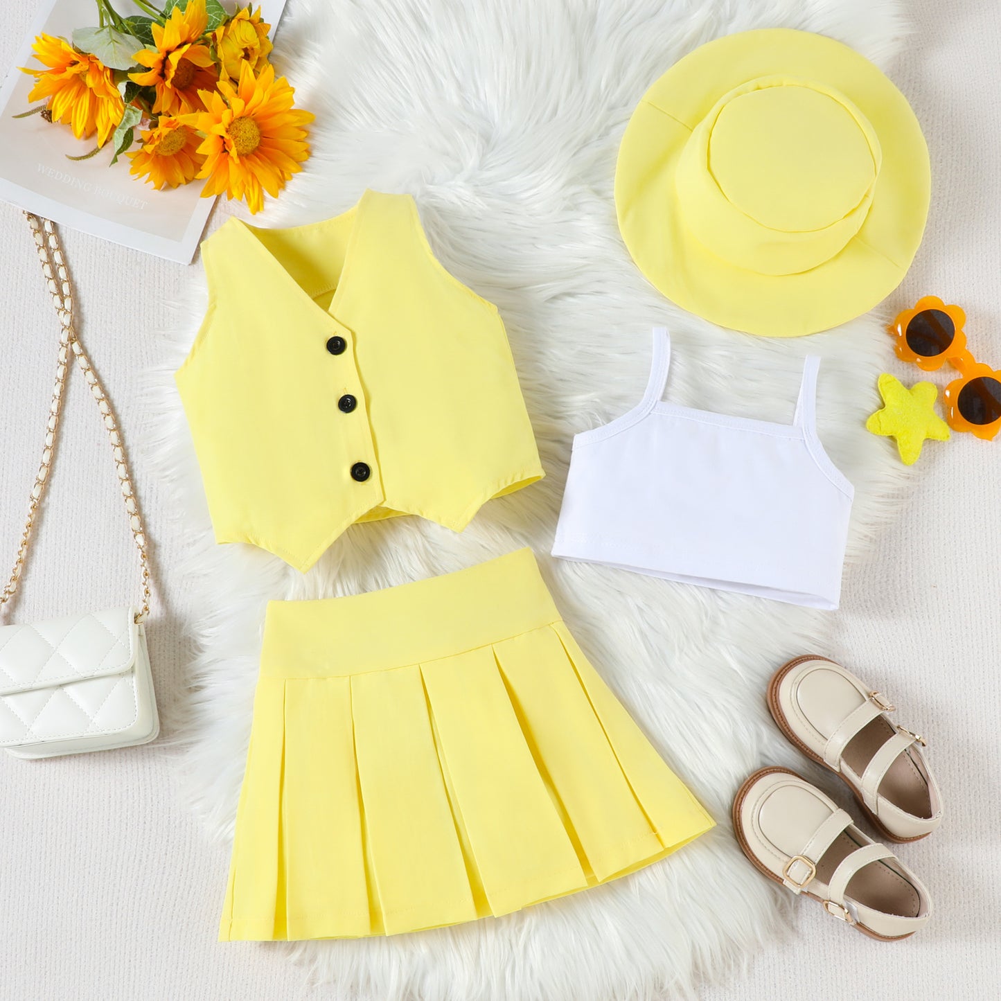 Fashion Single Breasted Vest Camisole Top Pleated Skirt Hat Children's Suit