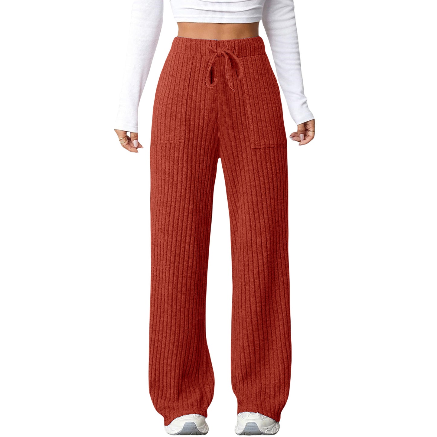 Women's Solid Color Rib Fabric Pocket Casual Pants
