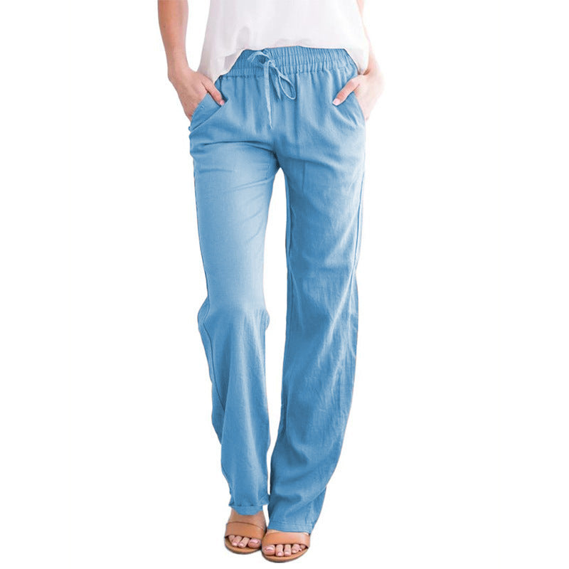 Women's Solid Color Cotton Linen Drawstring Loose Casual Pants