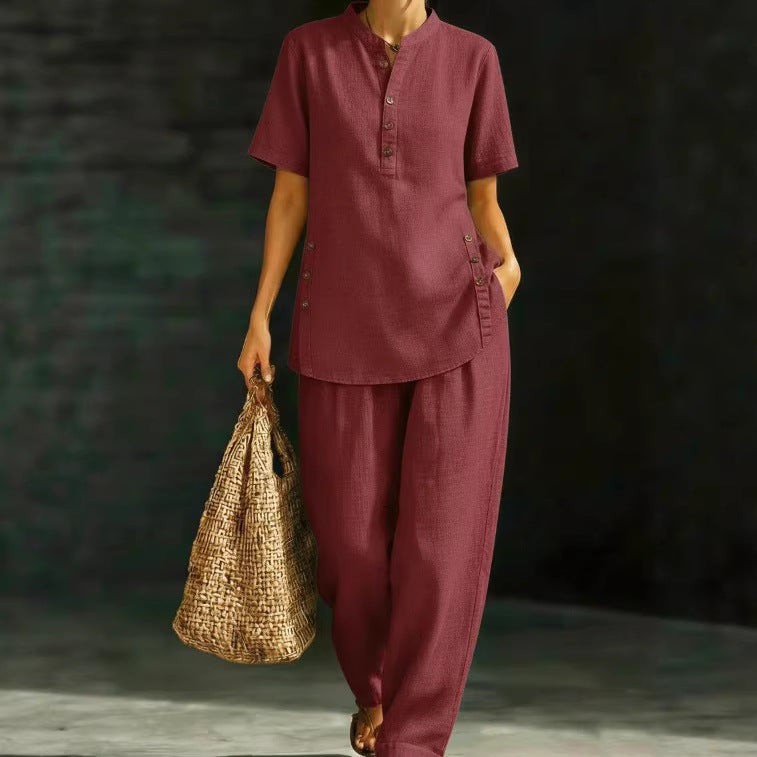 Button Shirt Wide Leg Linen Two-piece Fashion Casual Suit