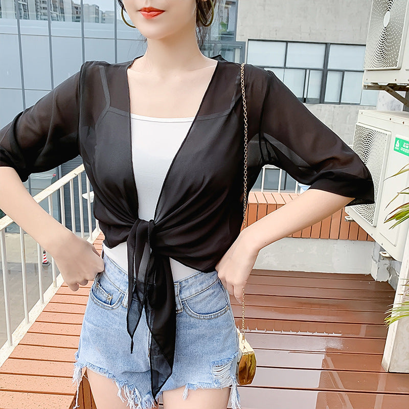 Korean Style Inner Slim Fit Patchwork Summer Loose Solid Color Cardigans
