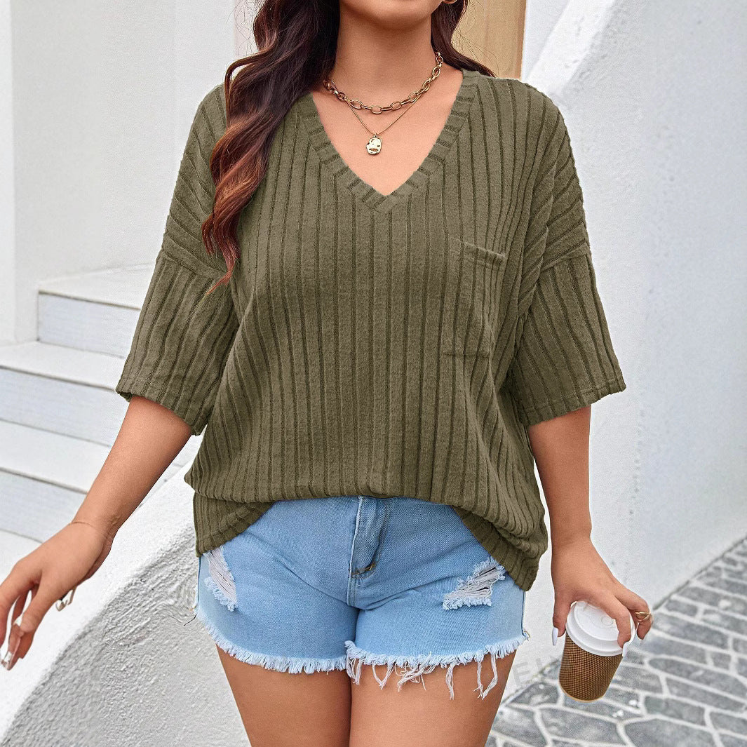 Women's Fashion Casual Solid Color Pocket Large Size T-shirt