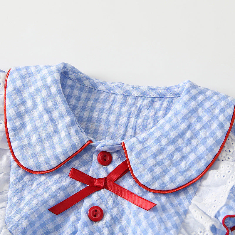 Summer Preppy Style Blue White Plaid Stitching Lace Flounced Jumpsuit, Climbing Suit