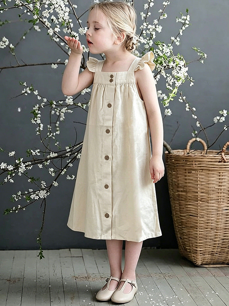 Linen Mori Summer Flounced Sleeve Suspender Skirt Loose Children's Dress