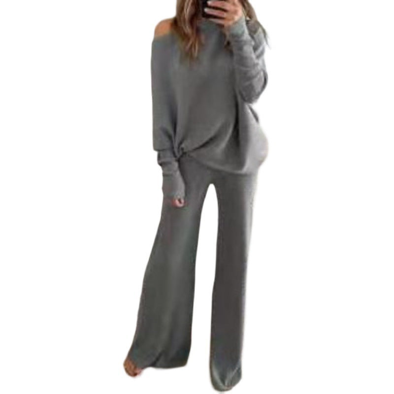 Simple Batwing Sleeve Long Drawstring High Waist Wide Leg Trousers Suits