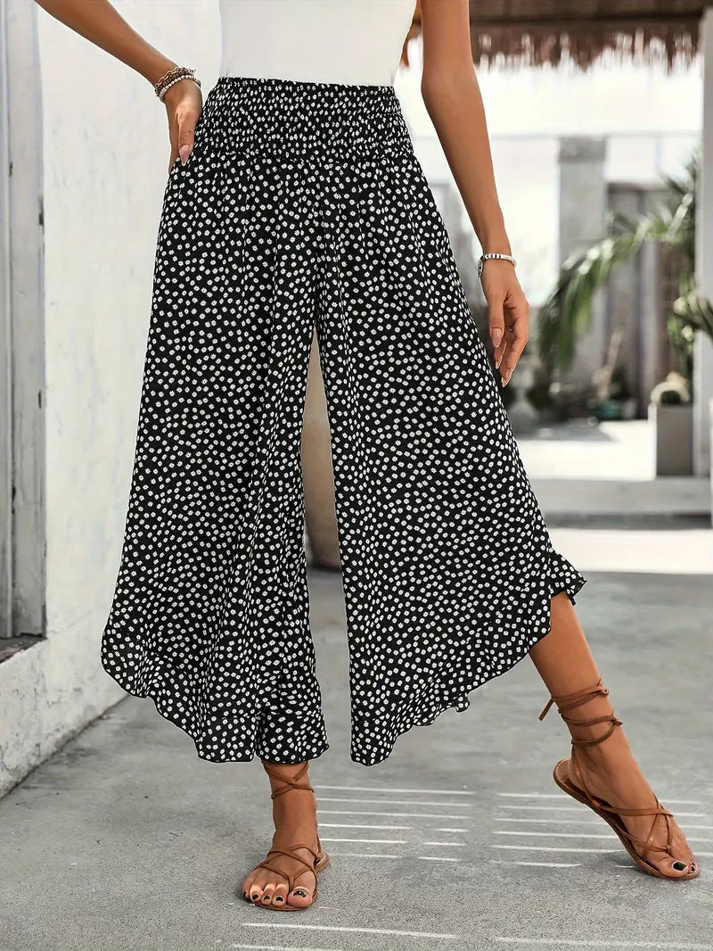 Polka-dot Loose-fitting Cinched Figure Flattering Wide Casual Pants