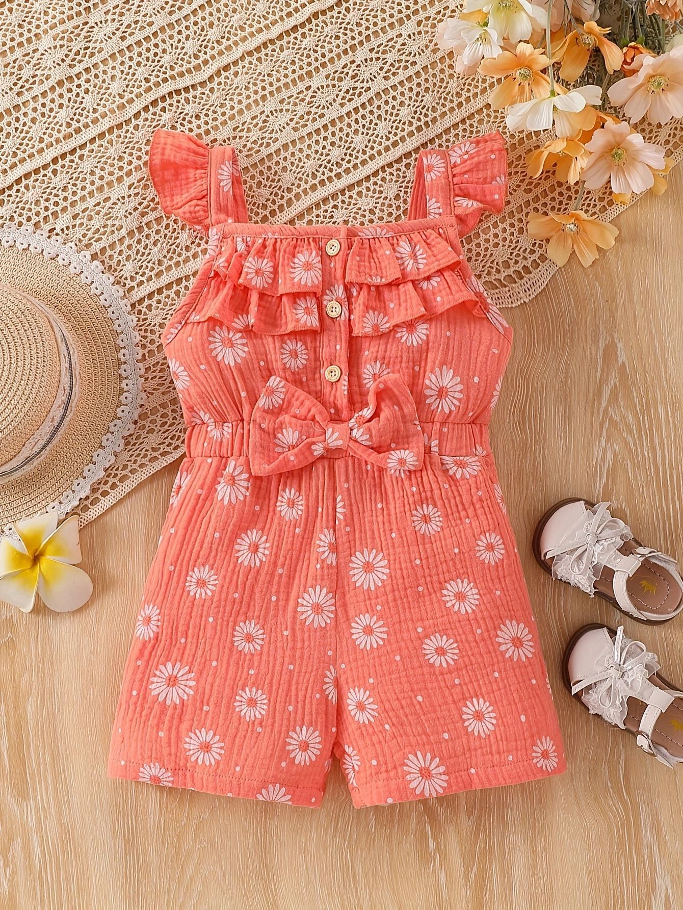 Children's Summer Full Print Little Daisy Flounced Sleeve Single-breasted Jumpsuit Children's Pants