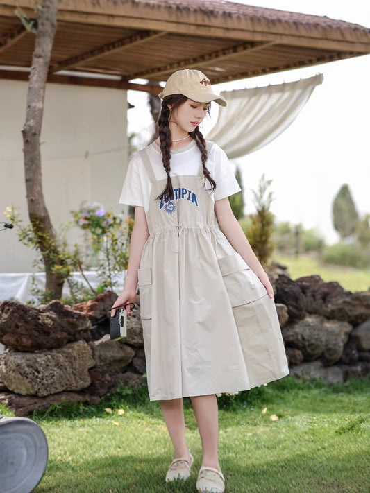 Children's Summer Thin Medium Large Fake Two Pieces Short Sleeve Suspender Children's Dress