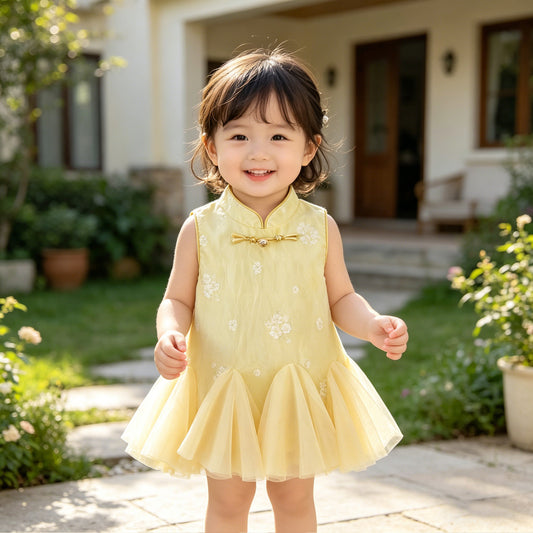 Summer Chinese Yellow Mesh Cheongsam For One Year Children's Dress