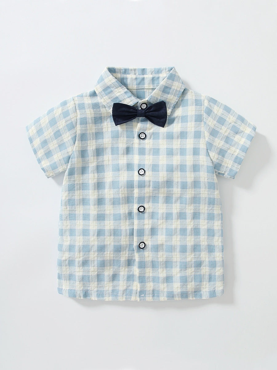 Children's Summer Plaid Shirt Short-sleeved Suspender Pants Korean Boys Gentleman Children's Suit