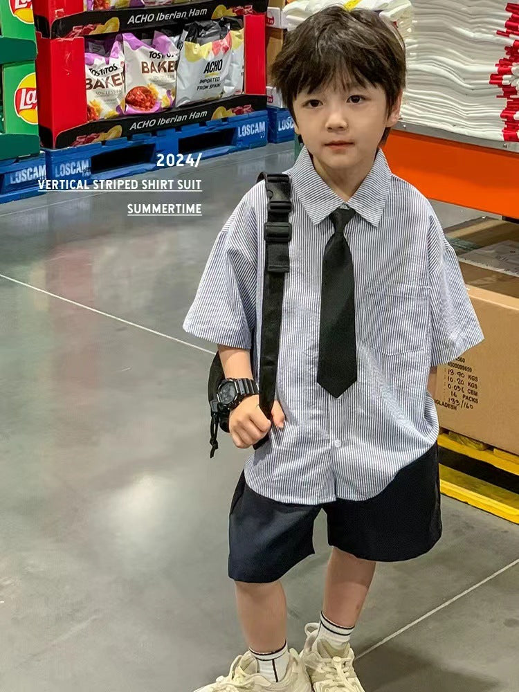 Children's Trendy Handsome College Style Short Sleeve Summer Shorts Children's Suit