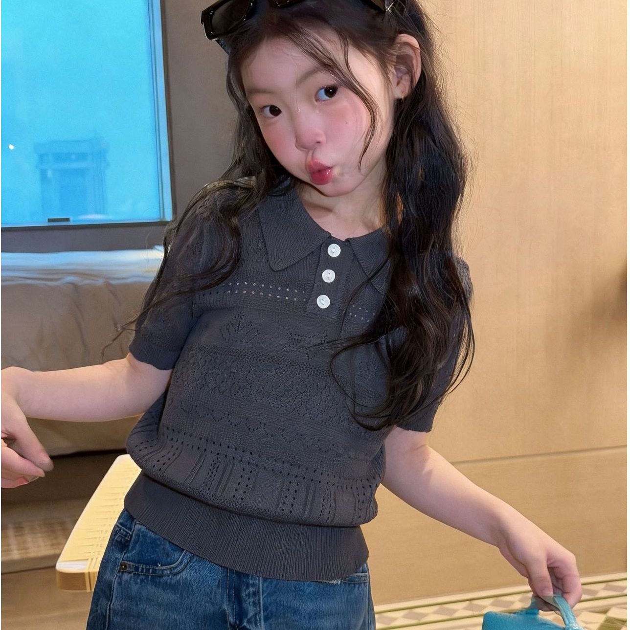 Children's Summer Ice Silk Short Sleeve Knitted Hollow Old Money Children's T-shirt