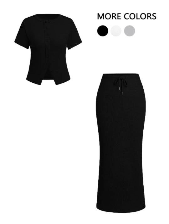 Summer Buttoned Short-sleeved Dress Female Ornament Fashion Casual Suit