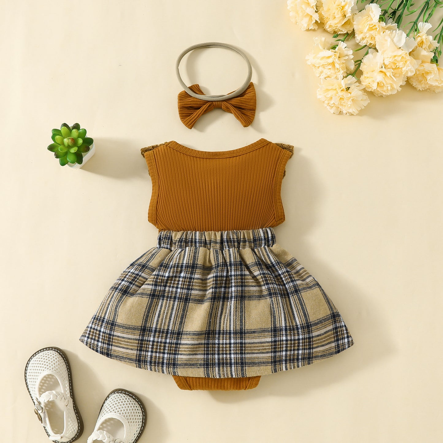 Sleeveless Triangle Gown Lace Big Bowknot Plaid Vest Jumpsuit, Climbing Suit