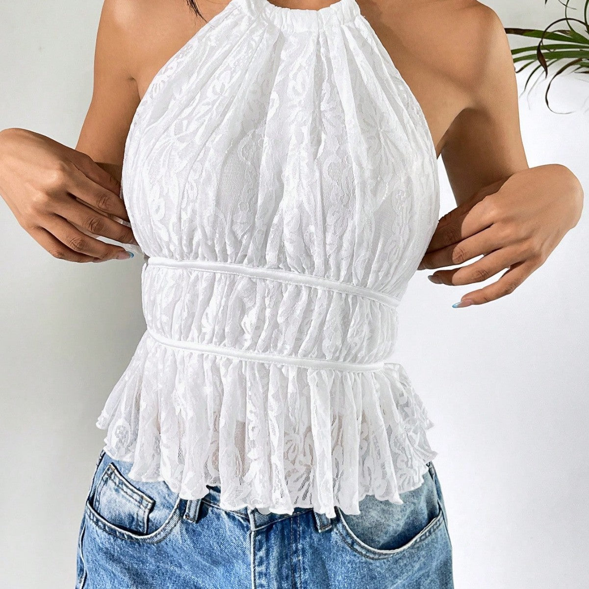 Women's Sweet Spicy Chiffon Solid Color Round Neck Pleated Halter Tops