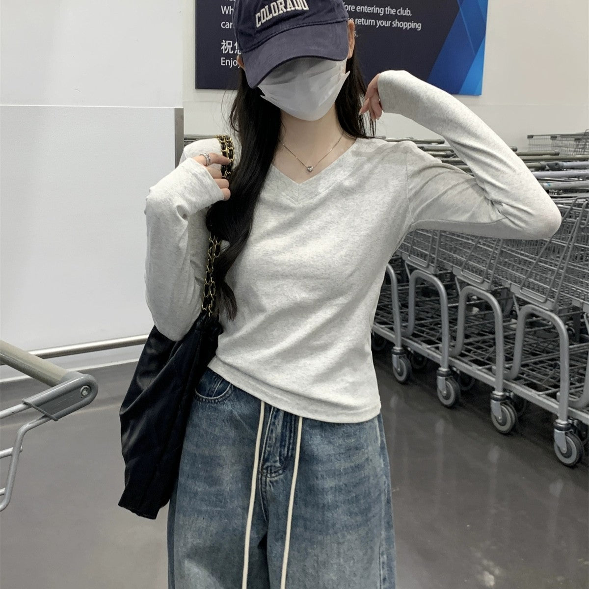 Women's Slim Fit Slimming Inner Basic Style Collar Solid Color Bottoming Women's T-shirt