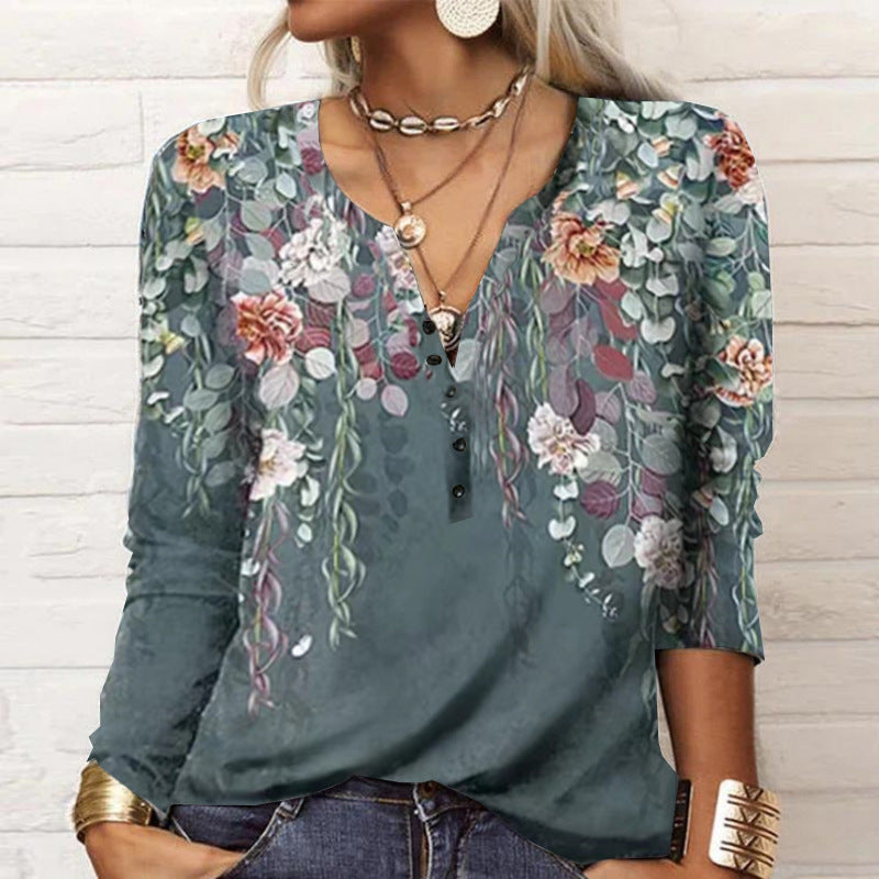 Popular Women's Long-sleeved Printed Ethnic Fashion Women's T-shirt