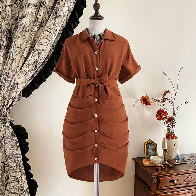 Casual Polo Collar Single-breasted Lace Up Waist Trimming Children's Dress