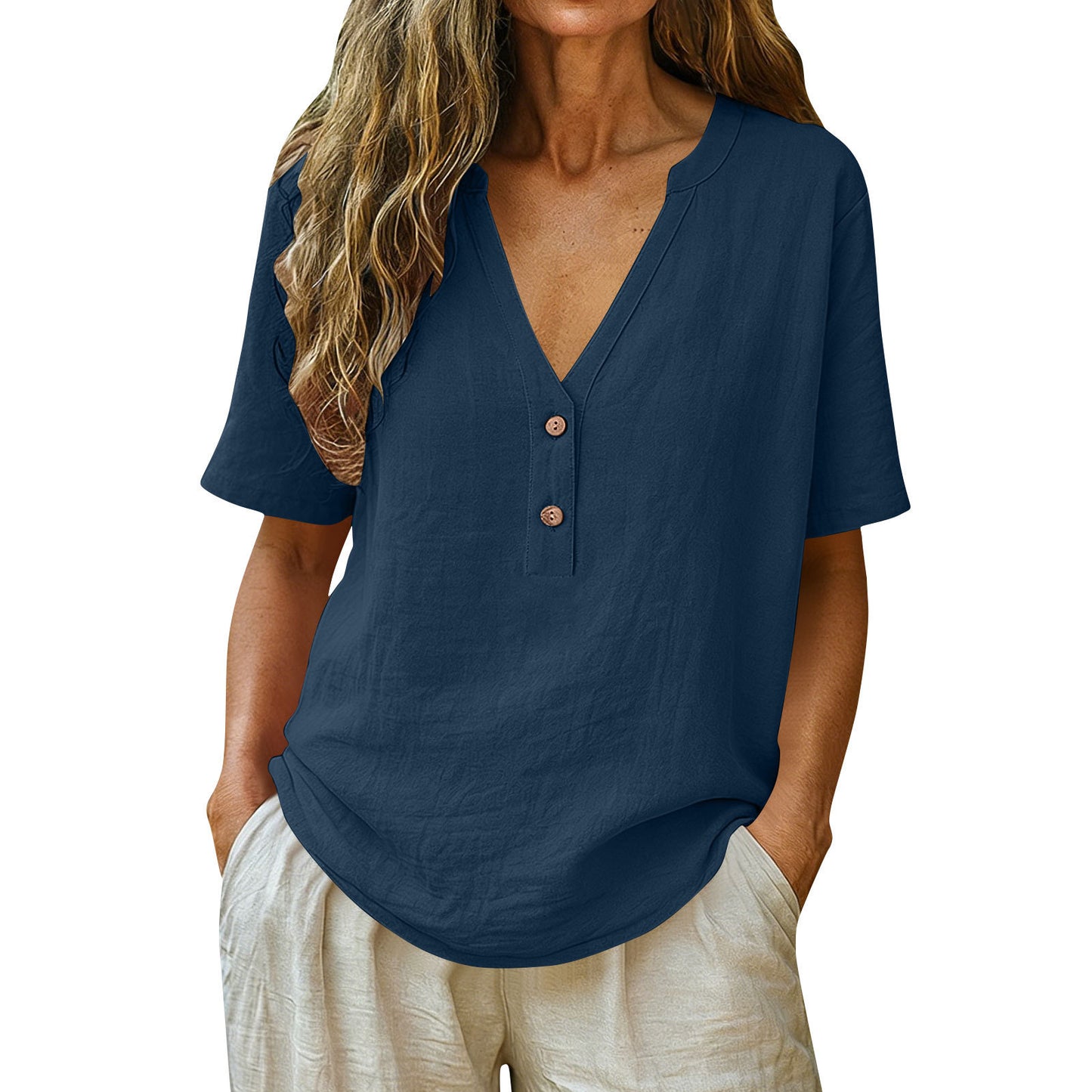 Women's Solid Color Button Fashion Sleeve Women's T-shirt