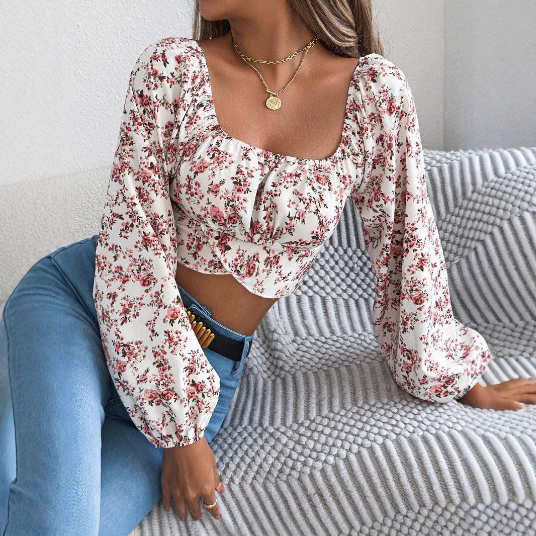 Glamorous Women's Floral Lantern Sleeve Waist Lace Shirt, Chiffon Shirt