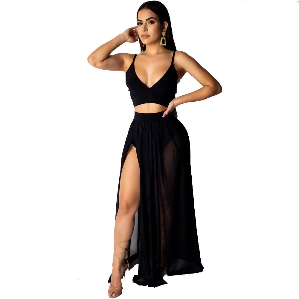 Summer Solid Color Suspender Split Chiffon Tops
