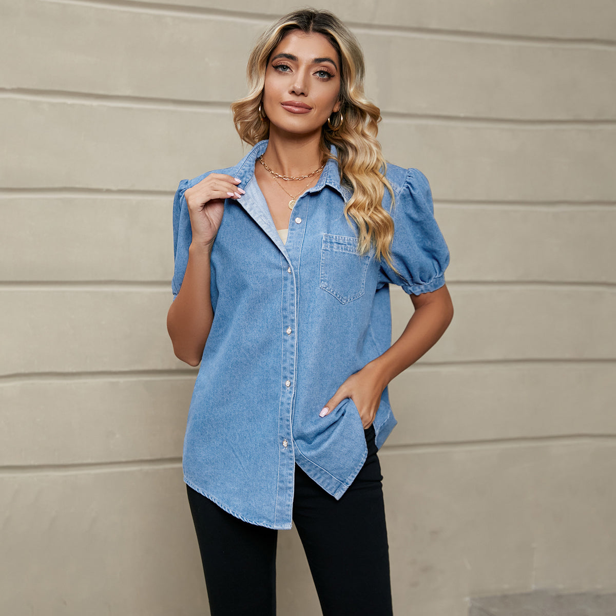Women's Princess Sleeves Lapel Thin Denim Shirt Casual Tops