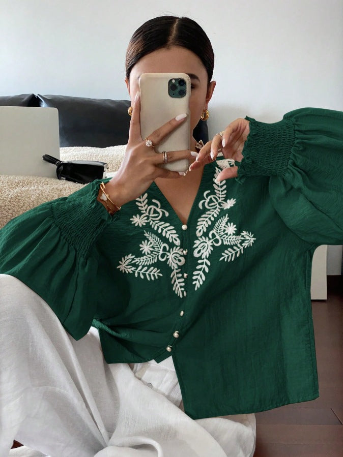 Women's Autumn Embroidered Floral Button Long Sleeve Blouse