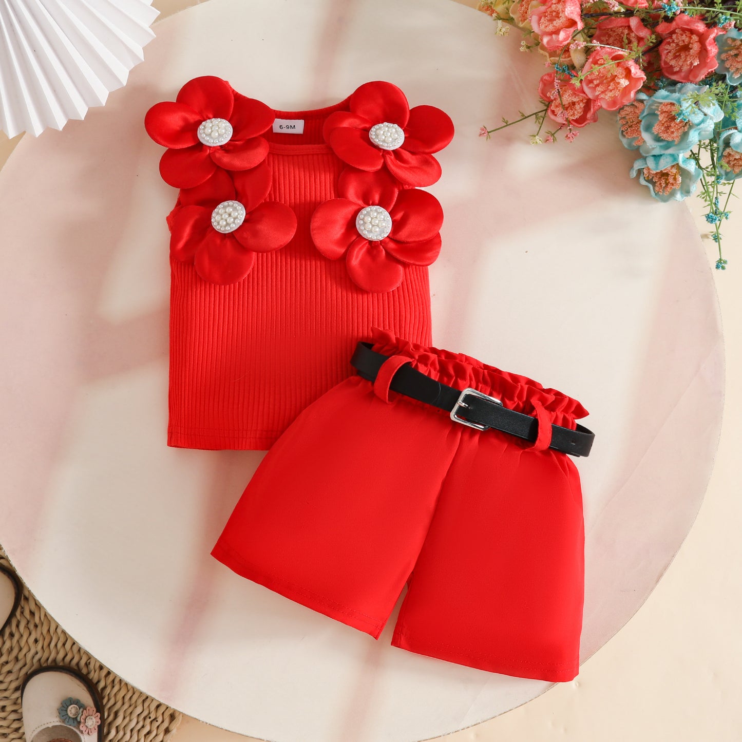 Sleeveless Big Flower Sunken Stripe Top Belt Children's Suit