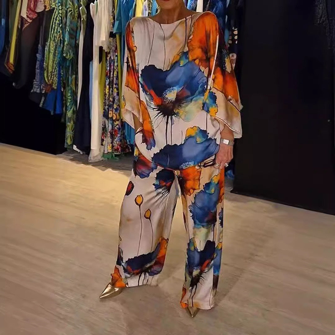 Urban Elegant Loose Printed Batwing Sleeve Suits