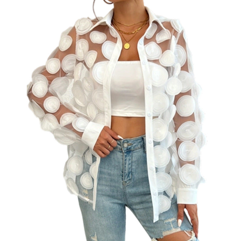 Women's Long Sleeve Fashion Gauzy Shirt Three-dimensional Flower Decoration Tops