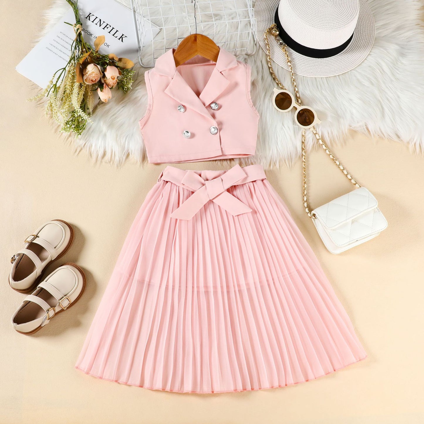 Fashion Tailored Collar Sleeveless Top Pleated Skirt Two-piece Children's Suit