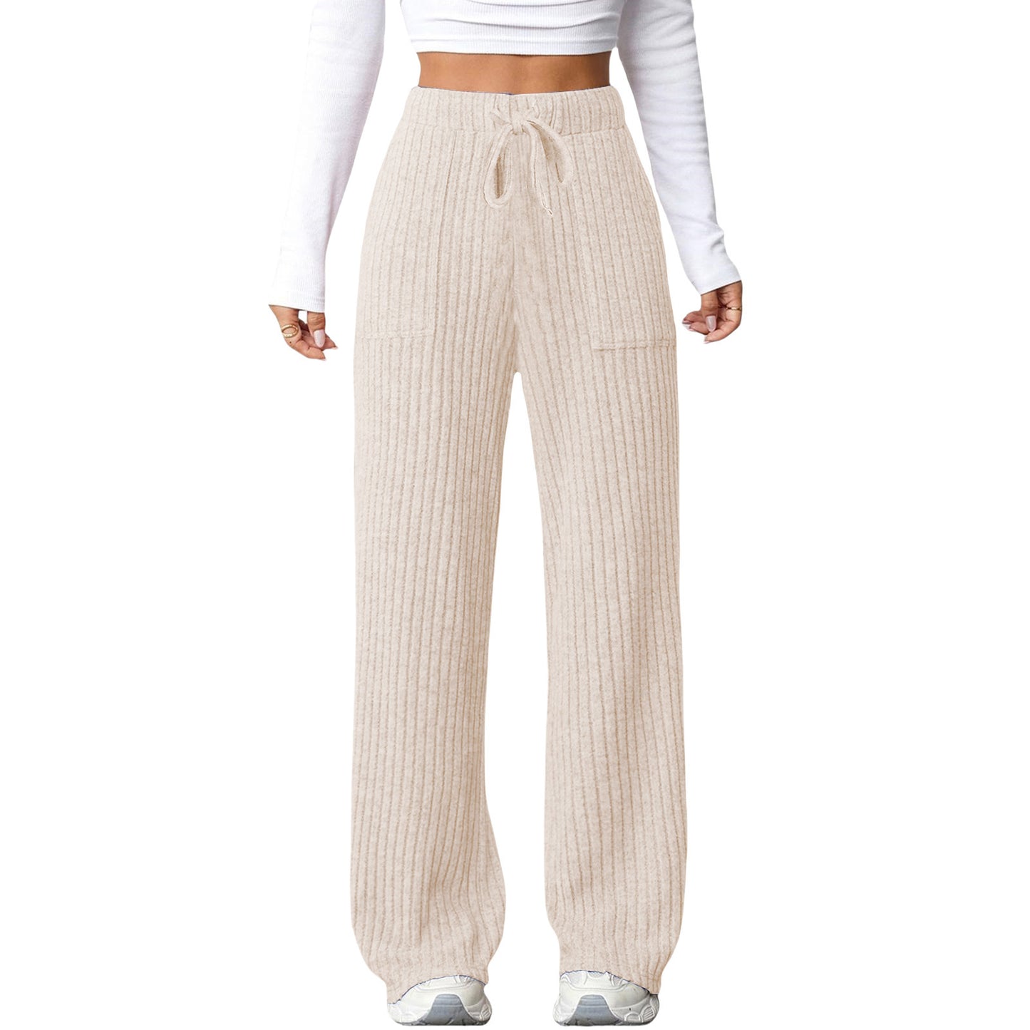Women's Solid Color Rib Fabric Pocket Casual Pants