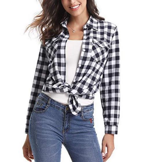Women's Plaid Shirt Lapel Casual Fashion Double Pocket Long Blouse