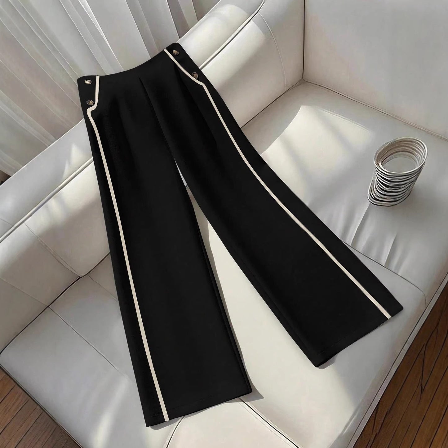 Fashion Side Striped Design High Waist Slimming Button Pants