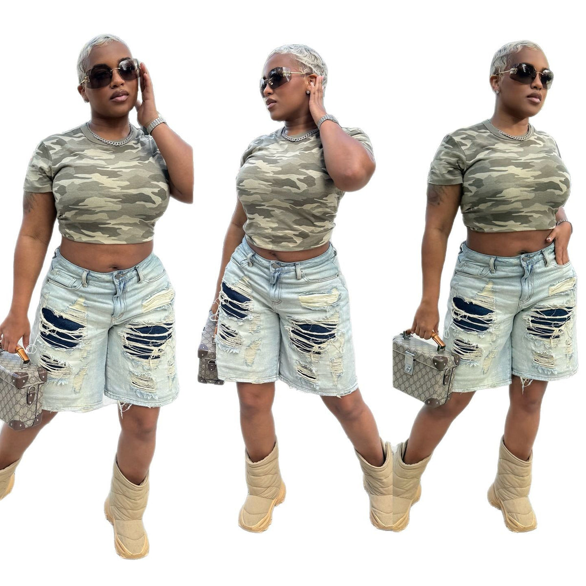 Women's Fashion Street Hipster Washed Worn Ripped Stitching Clothing