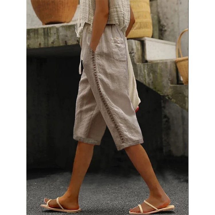 Summer Fashion Woven Cotton Linen Side Lace Hollowed Shorts