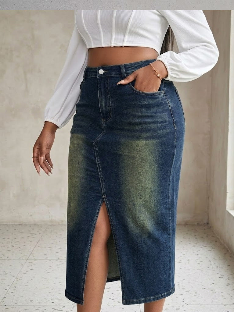 Large High Waist Front Slit Denim Retro Skirt