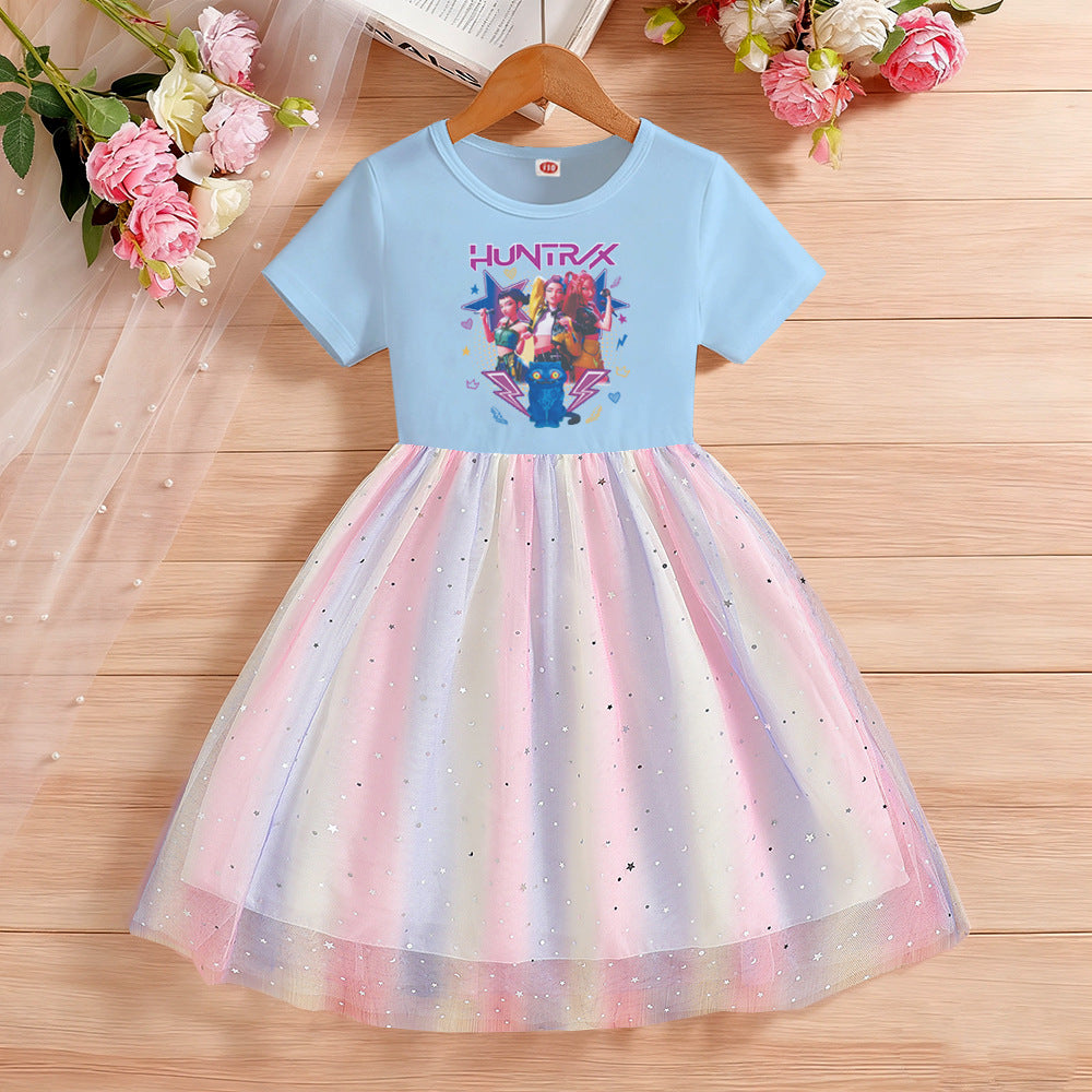 Children's Short Sleeve Clothing Gauze Rainbow Princess Skirt Children's Dress